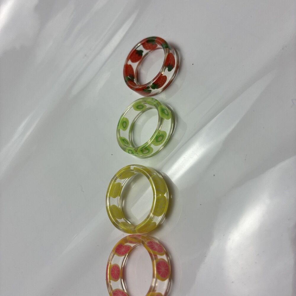 4 Clear Resin Fruit Bands Ring Womens Summer Novelty Boho Colorful